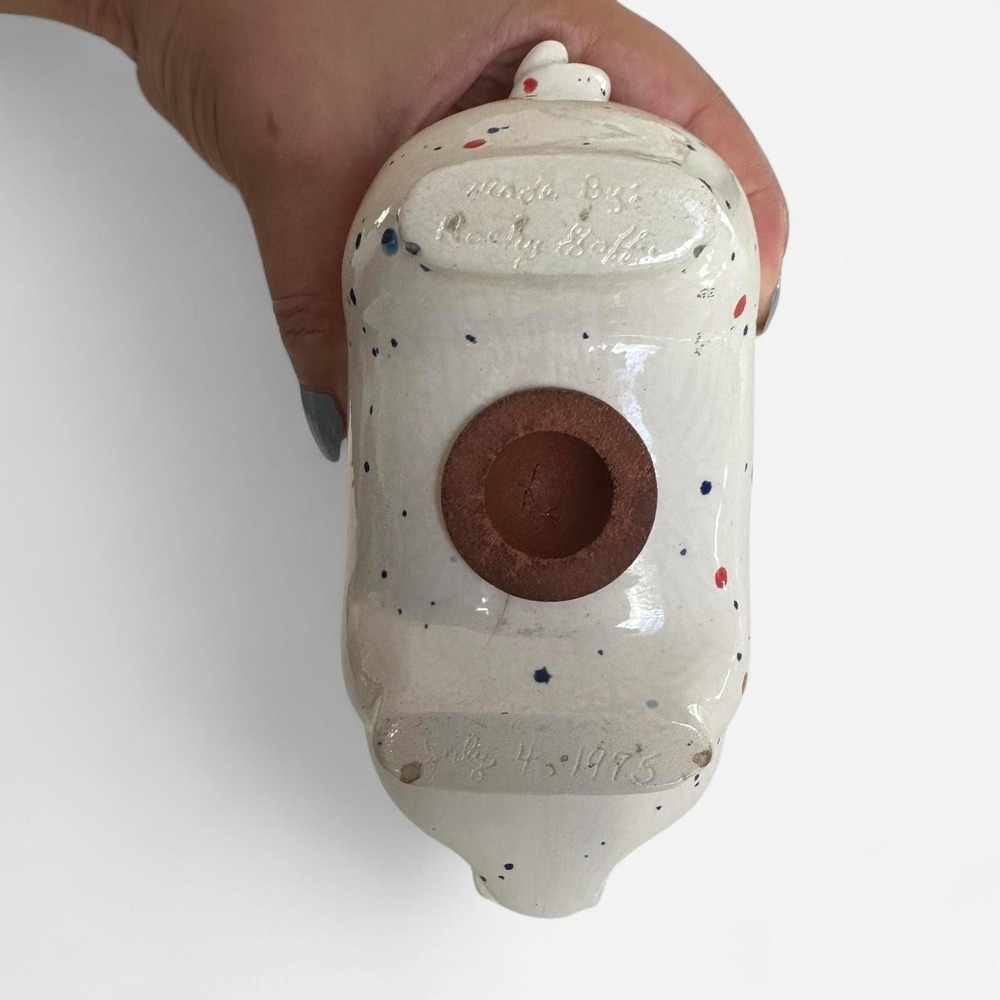 Vintage handmade Ceramic Piggy Bank Splatter Paint White - Picture 6 of 8